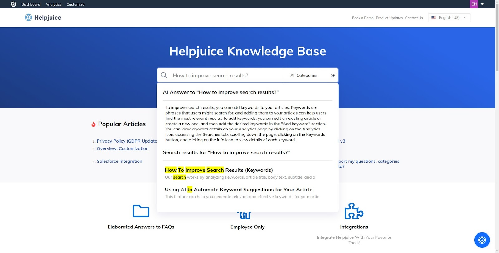 Screenshot showing a search bar in Helpjuice's knowledge base