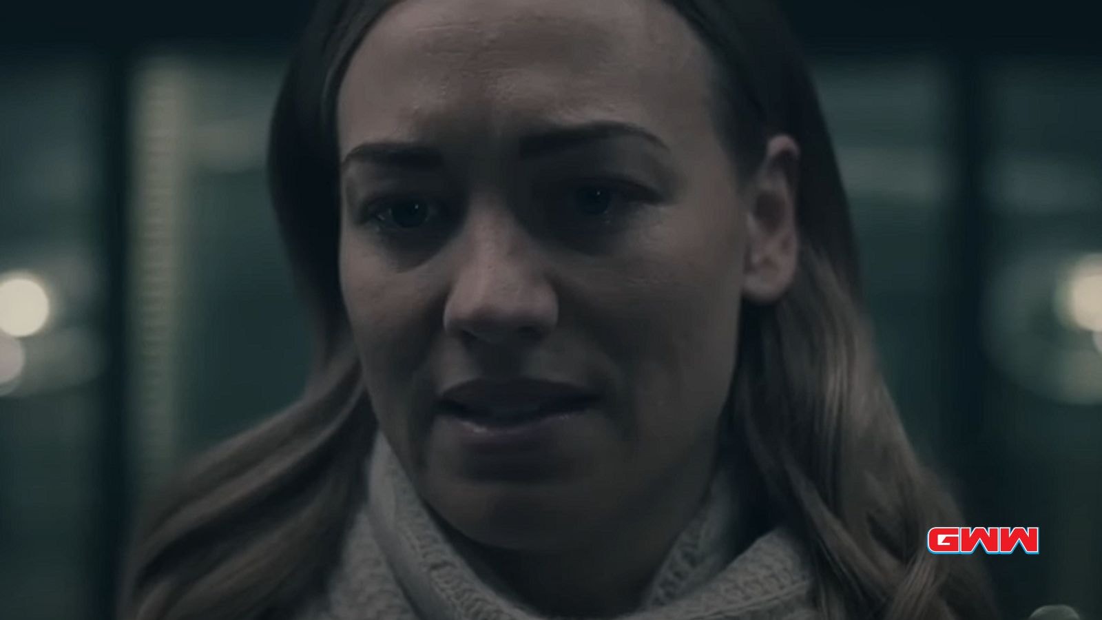 Serena Joy Waterford appears distressed in a tense scene from The Handmaid's Tale