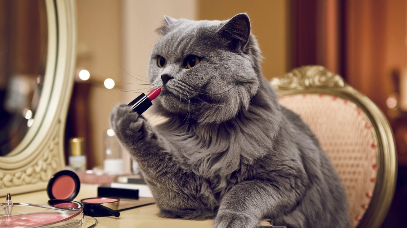 gray cat putting lipstick GIF