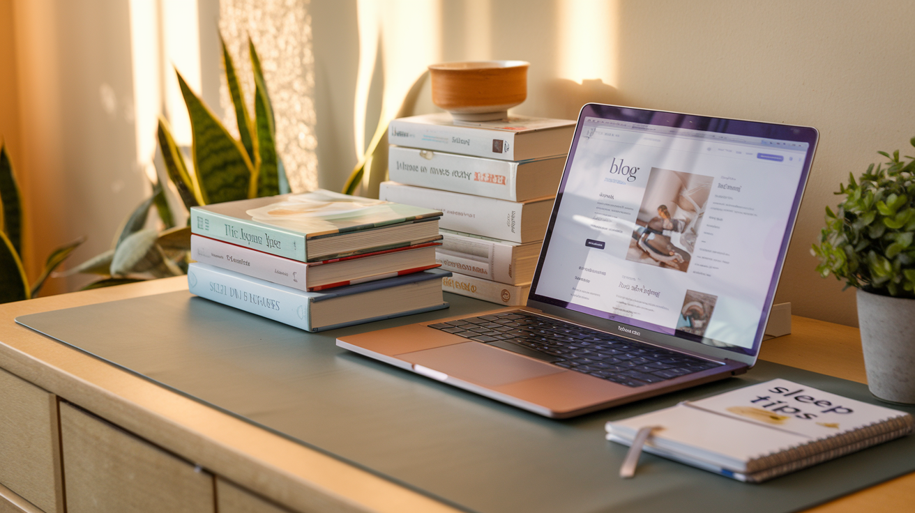 Create a realistic image of a calm workspace with meditation and wellness resources visible - a laptop open to a blog page, stacks of books on meditation and mental health, a notebook with "sleep tips" written on it, and a small potted plant for a touch of greenness, all arranged on a wooden desk with warm, natural lighting creating a peaceful atmosphere.