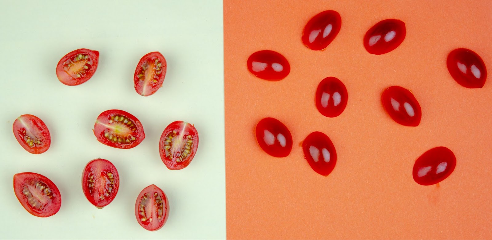 A comparison of halved cherry tomatoes and whole cherry tomatoes