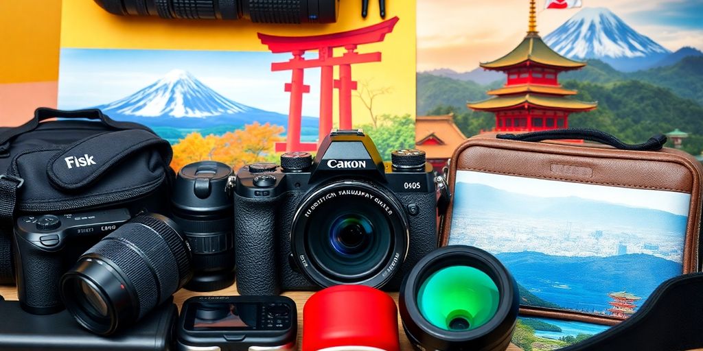 Photography gear with Japanese landscapes in the background.