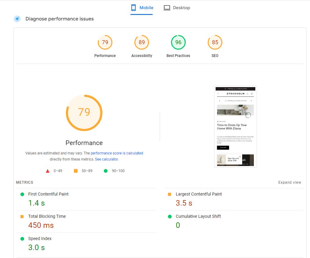 Speed ​​of Shopify Stockholm Theme on Mobile