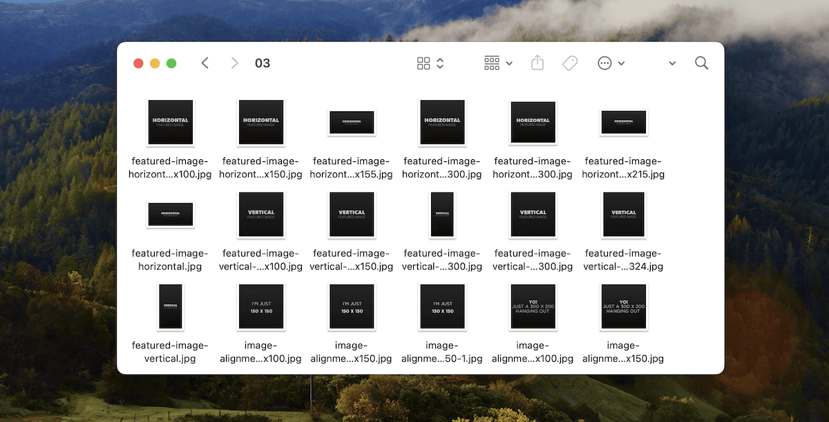 The macOS Finder showing a WordPress website's uploads folder, which has collated images into a folder for a specific month.