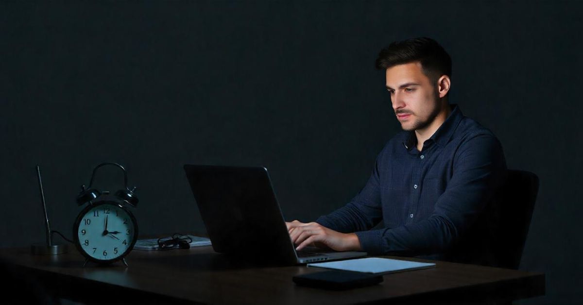 A man sitting at a desk with a laptop and an alarm clock, illustrating the theme of interpreting waking up at 3AM.