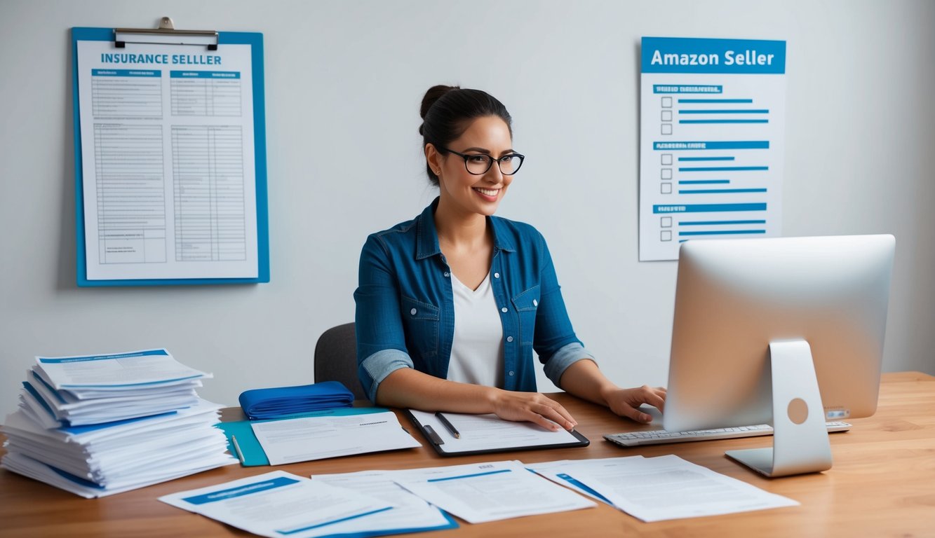 An Amazon seller surrounded by insurance documents and a computer, with a checklist of requirements on the wall