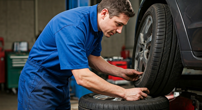Mechanic inspecting car tire
