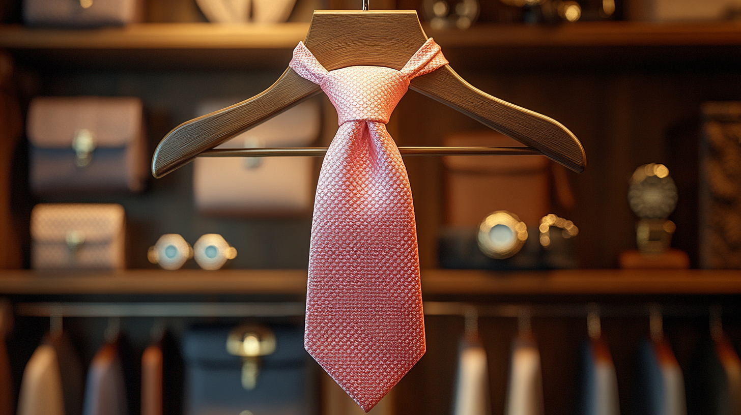 A soft pink silk tie with a refined texture, gracefully hanging on a wooden hanger inside a well-organized luxury closet. Surrounding the tie are premium accessories like elegant wristwatches, leather belts, and designer cufflinks, creating a sophisticated and polished look. The warm lighting highlights the soft pastel hue of the tie, adding a touch of class. Ultra-detailed, hyper-realistic, high-fashion photography, warm and stylish wardrobe setting.