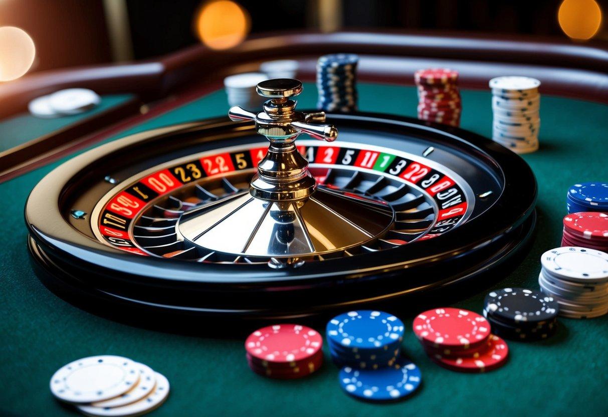 A roulette wheel with various betting options, such as red/black, odd/even, and specific numbers, surrounded by a casino table and chips