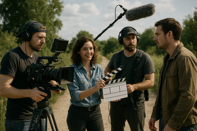 Équipe réalisant une production vidéo pour les réseaux sociaux en extérieur.