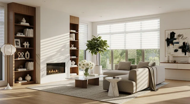A bright living room with large windows and modern sun shades that filter sunlight, creating a relaxed and comfortable summer interior.