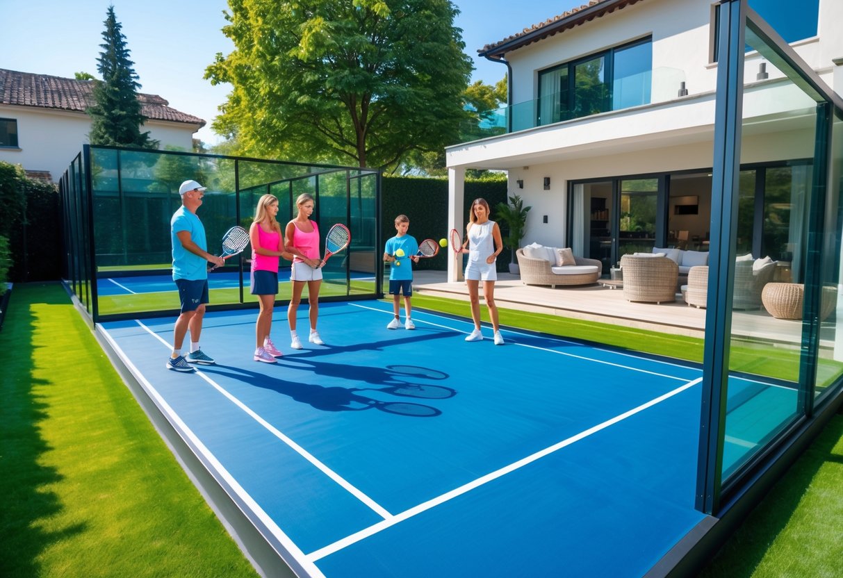 En modern trädgård med en padelbana där människor spelar padel och en stilren villa syns i bakgrunden.