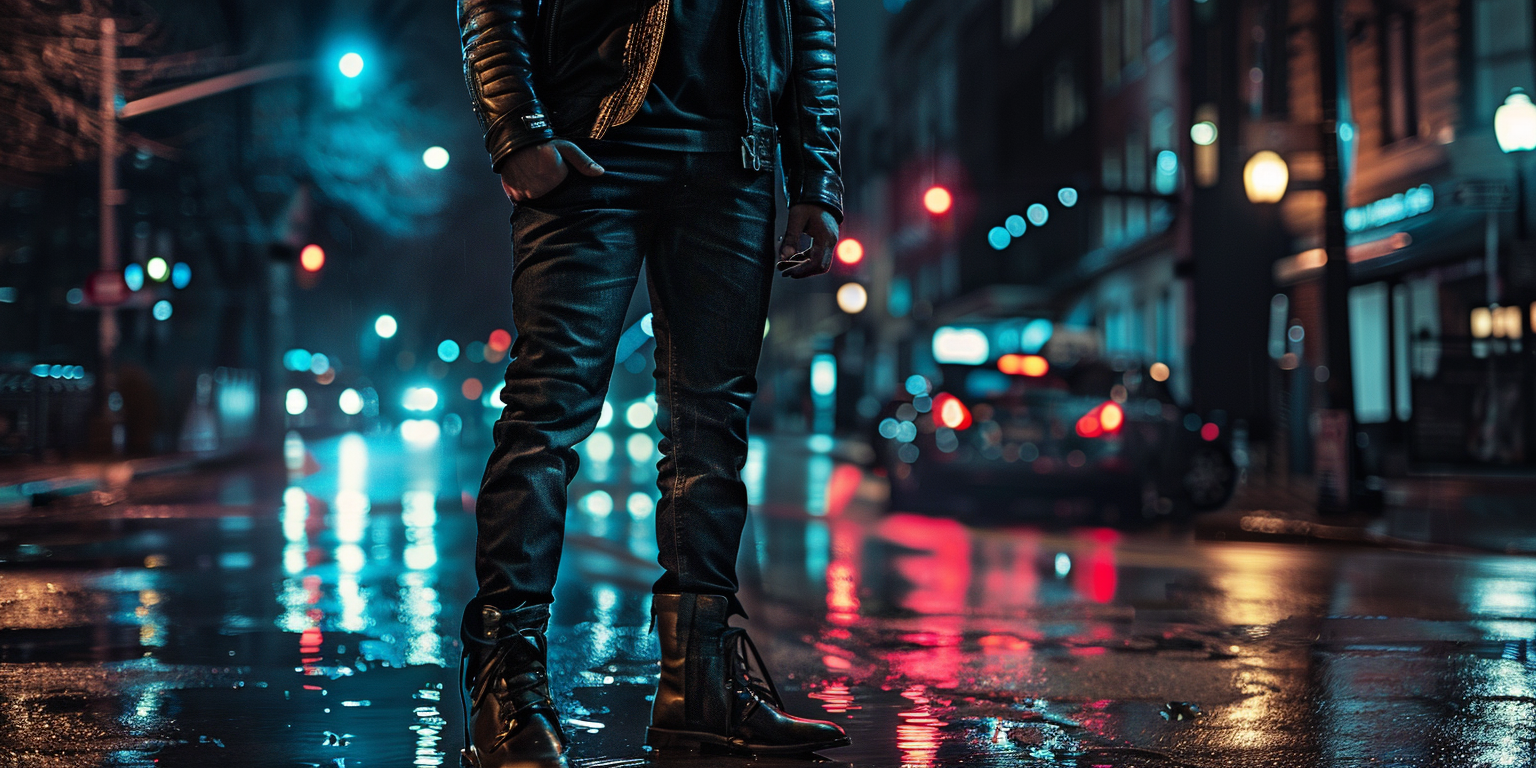 a man wearing a fitted black leather biker jacket, dark jeans, and boots, standing under moody lighting on a wet city street at night, edgy and bold style