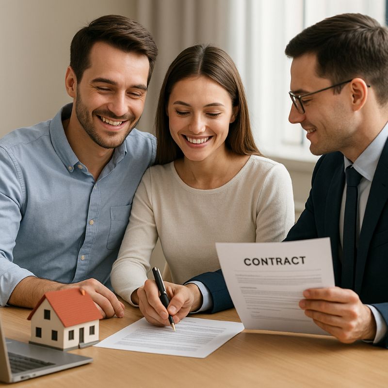 Cặp đôi ký hợp đồng vay ngân hàng bên mô hình ngôi nhà
