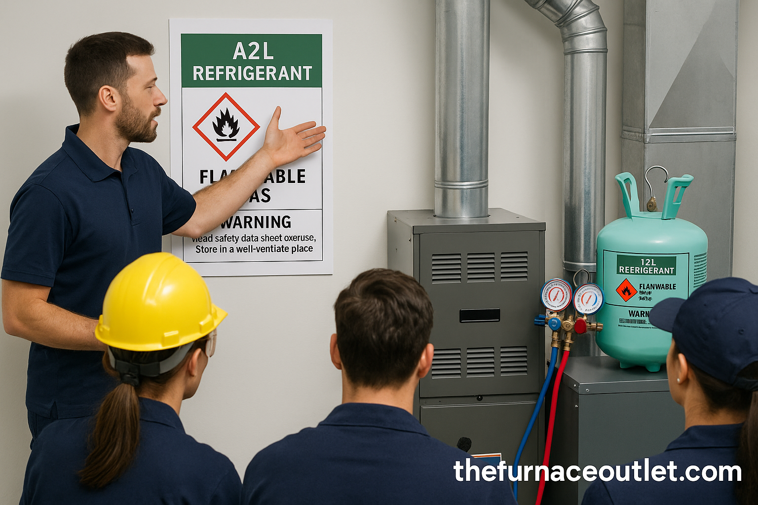 HVAC trainees in a classroom environment practicing label identification and emergency response drills.