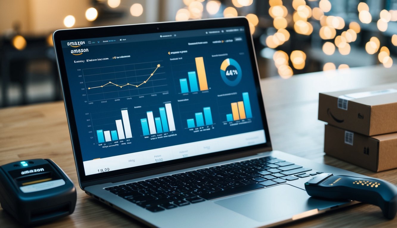A laptop displaying Amazon FBA software interface with various graphs and data. A barcode scanner and shipping boxes nearby