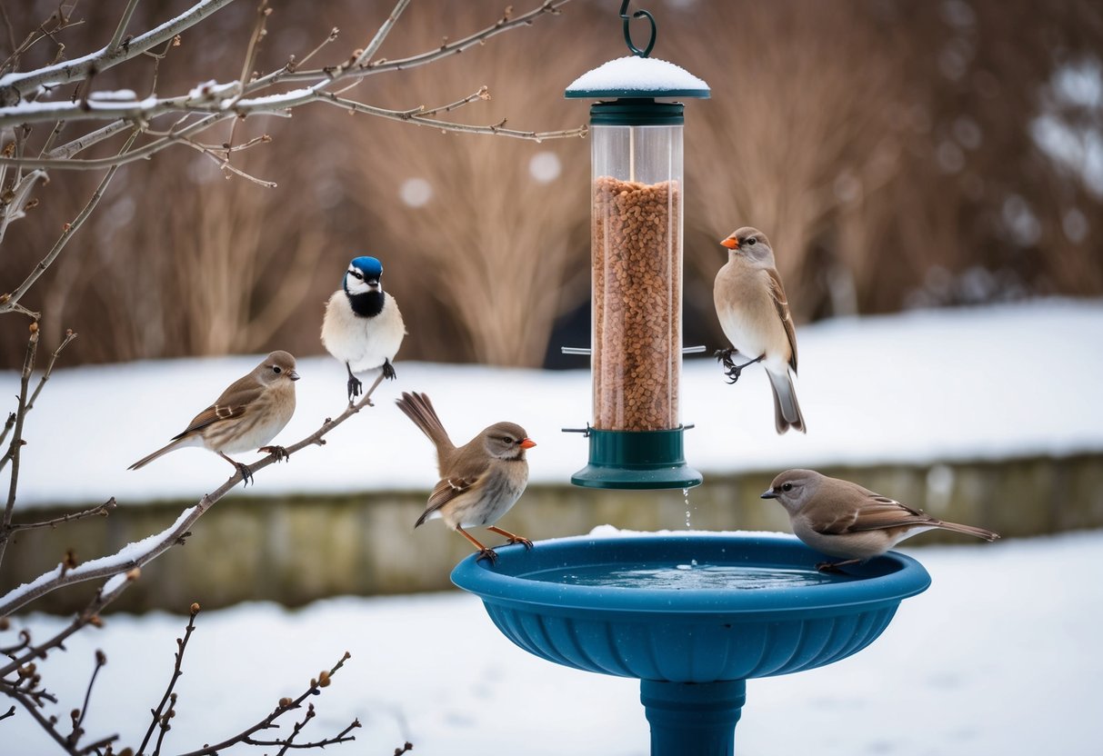 Birds perched on bare branches, pecking at suet feeders and flitting around a bird bath in a snow-covered garden