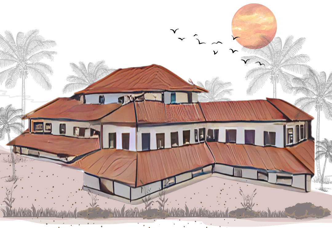 Illustration of a large, traditional building with red-tiled roofs and many windows. Echoing Kerala traditional homes, palm trees surround the structure as birds fly in the background under a pinkish sun.