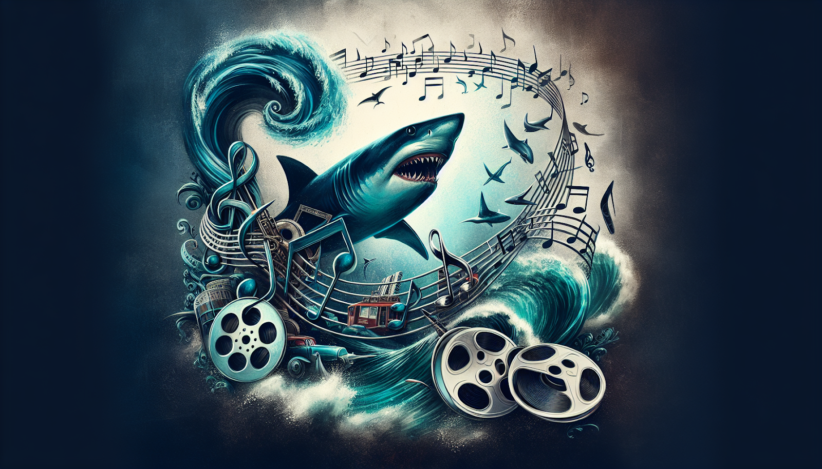 A visual representation of the Jaws soundtrack with musical notes and memorabilia.