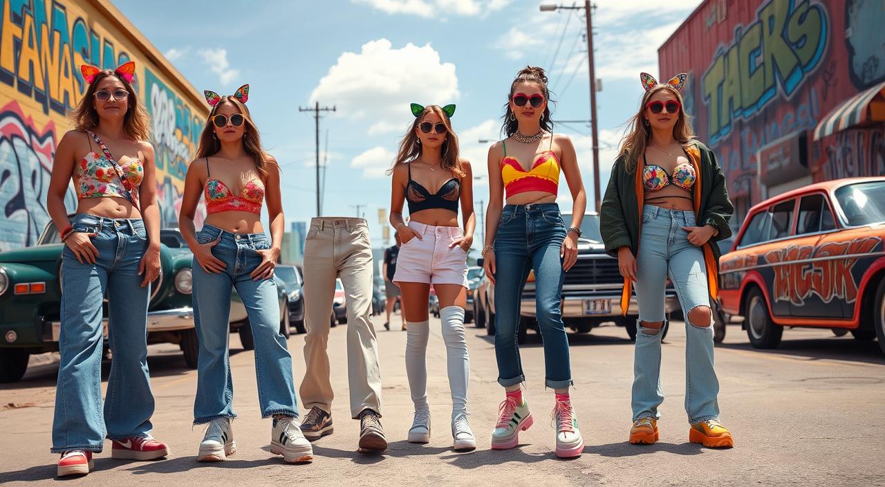 Group of six young women wearing colorful Y2K-inspired outfits, including crop tops, jeans, and platform sneakers, standing confidently on a street lined with graffiti and vintage cars under a bright blue sky.