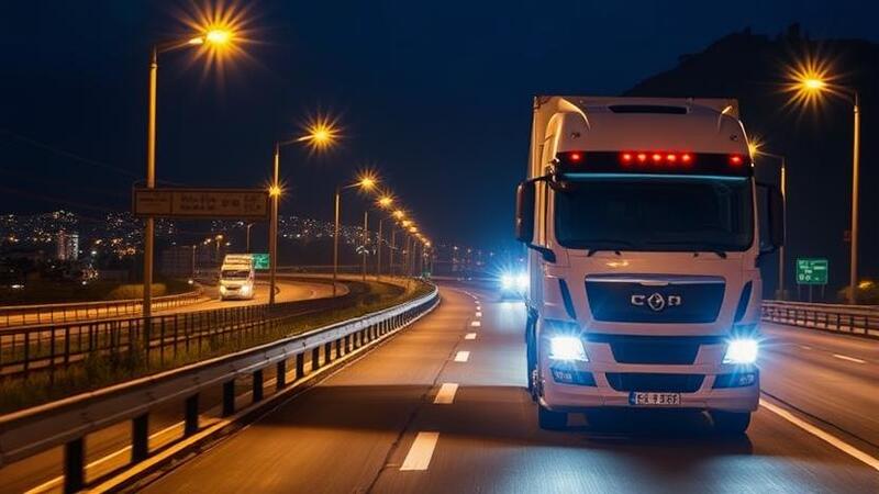 Commercial truck on highway at night with LED headlights