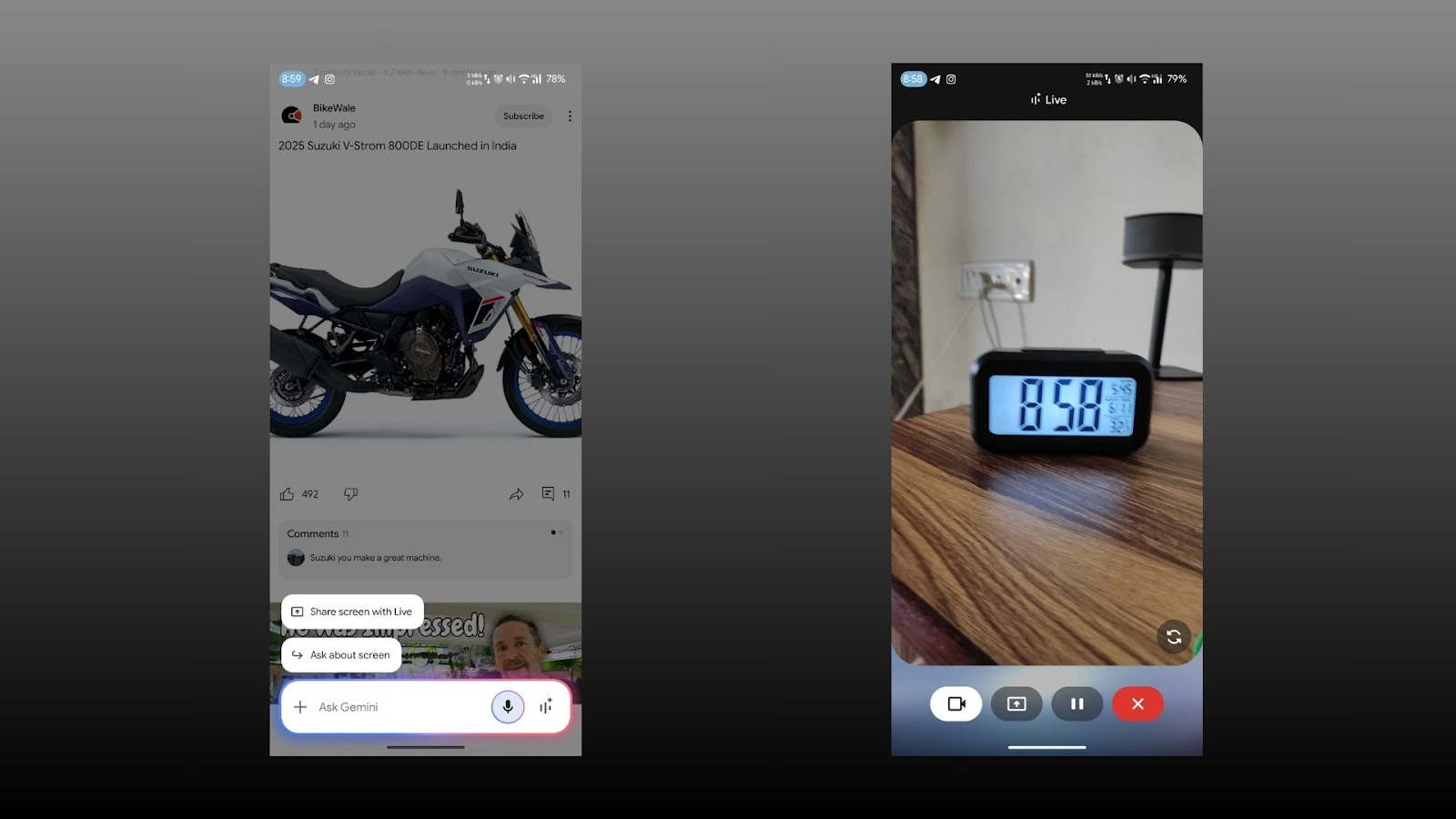 Gemini Live mode with screen share on the left and camera feed on the right explaining what's going on.