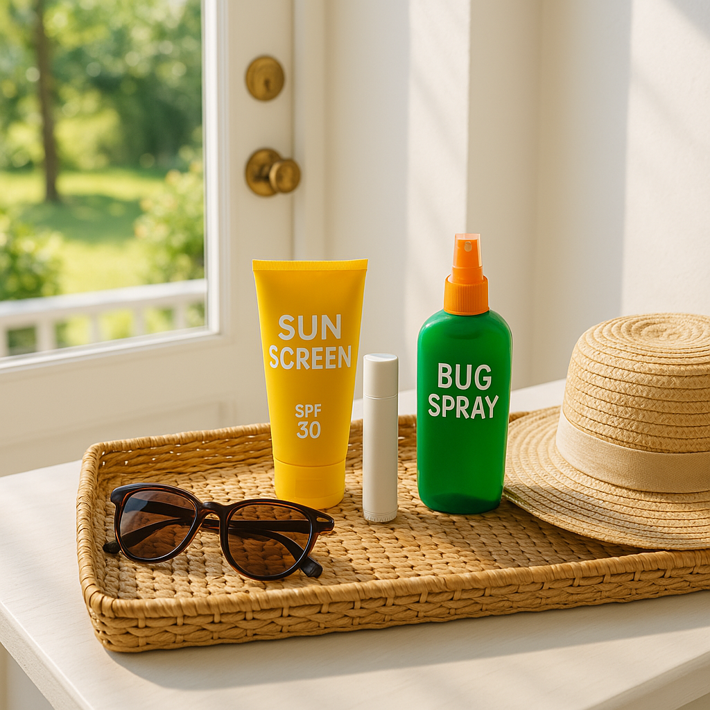 Thumbnail Image A summer grab-and-go station near a door, with a tray holding sunglasses, sunscreen, lip balm, bug spray, and a foldable hat. The scene is bright and welcoming.