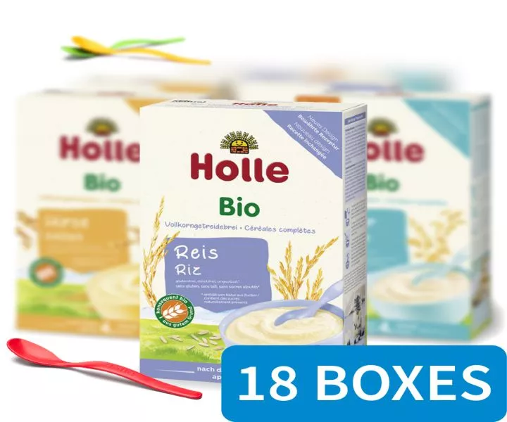 Set of 18 boxes of Holle Bio organic rice cereal, displayed with a red spoon, suitable for babies from 4 months, with the organic certification label visible.