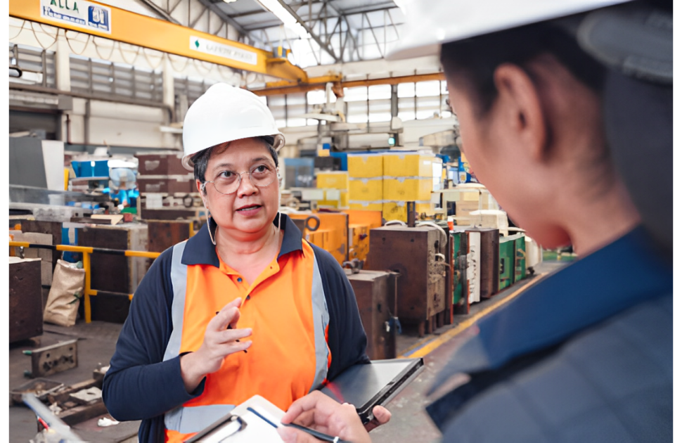 A person in a hard hat talking to a person in a factory

Description automatically generated