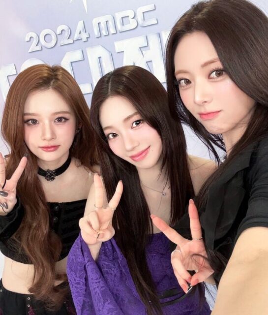 This contain an image of aespa's Karina, ITZY's Yuna, and NMIXX's Sullyoon 