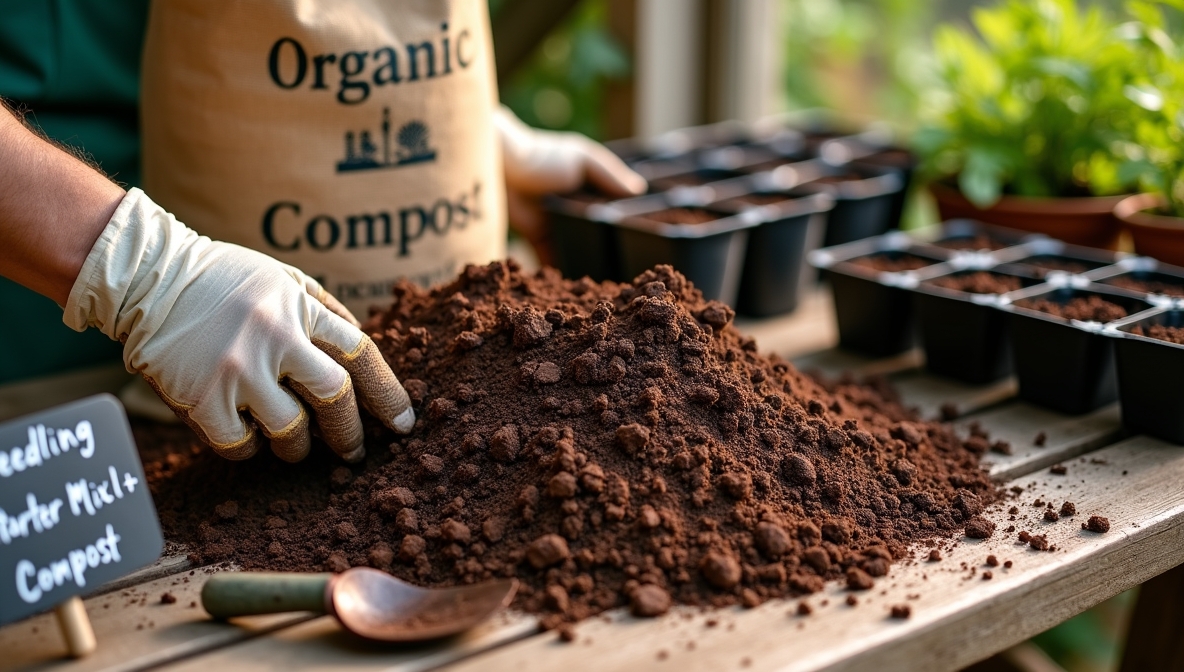 Gloved hands carefully mixing an organic potting mix, showcasing the ideal growing medium to provide seedlings with the optimal conditions to thrive.