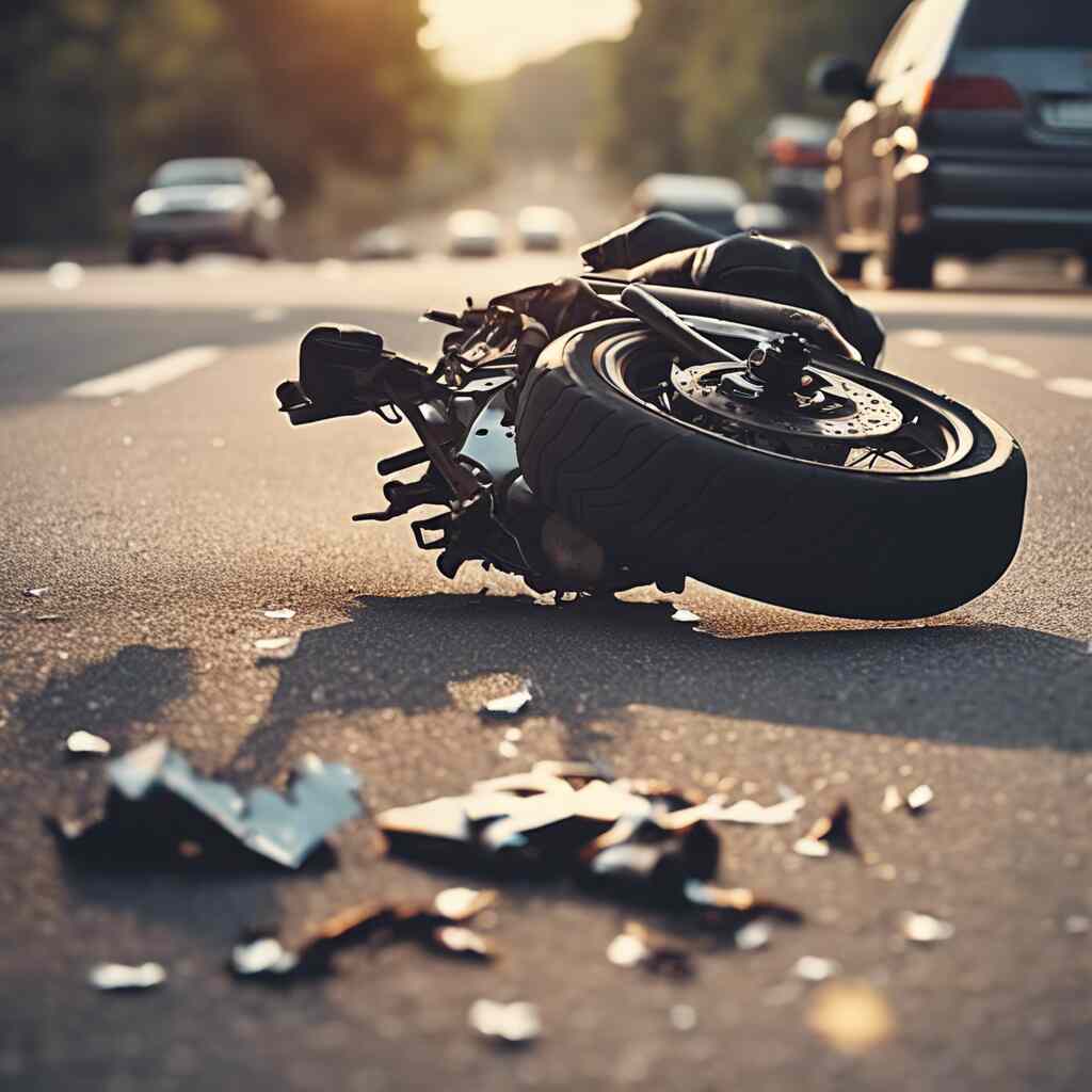 Motorcycle accident scene with serious damage to the motorcycle. 