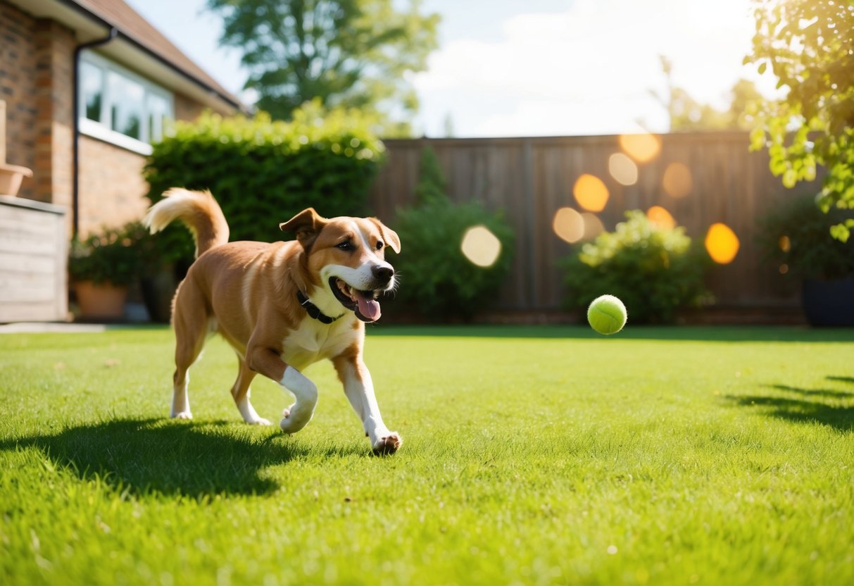 A sunny backyard with a lush, green lawn and a happy dog playing fetch