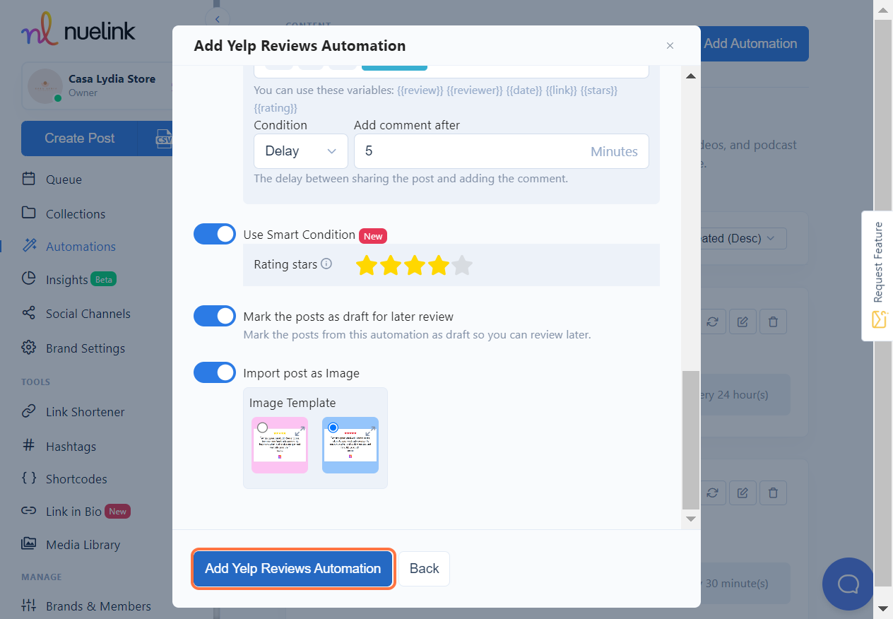 Click on Add Yelp Reviews Automation