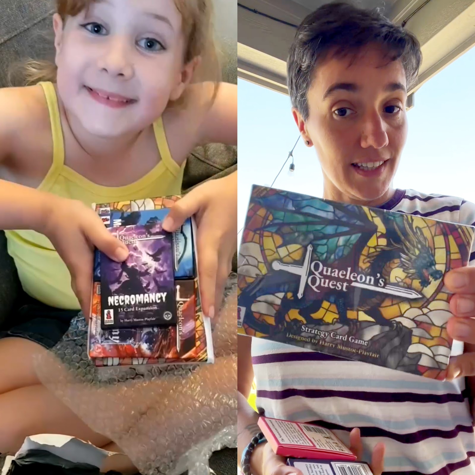 Two board game influencers holding copies of Harry's game. 