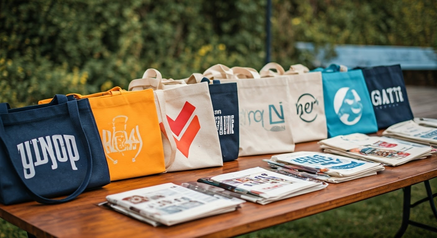 Display of customized tote bags