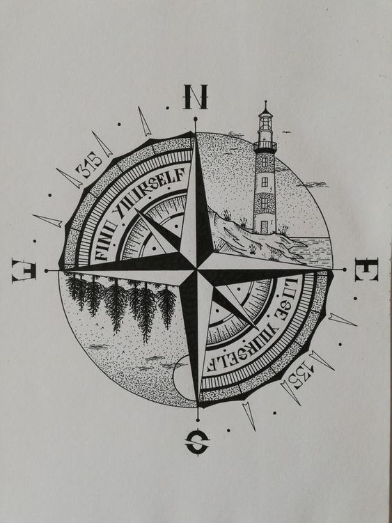 Ink drawing of a compass rose featuring a coastal lighthouse and forest, with text Find Yourself, Lose Yourself.