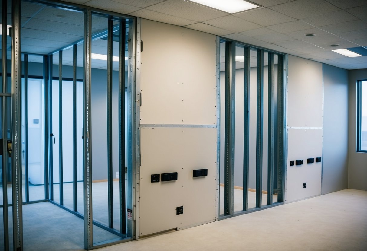 A commercial demising wall separates two spaces, with metal studs, insulation, and drywall creating a barrier. Electrical outlets and switches are visible