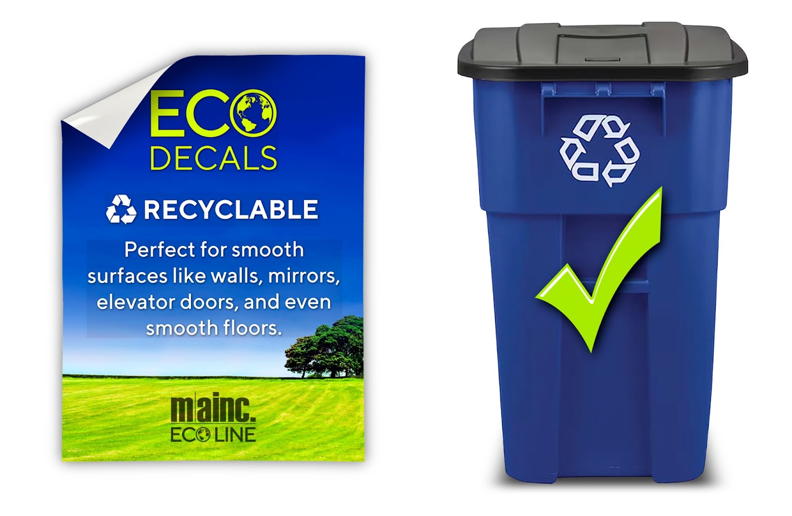 This image shows an eco decal and a recycling bin with a green checkmark, indicating the eco decal can be recycled.