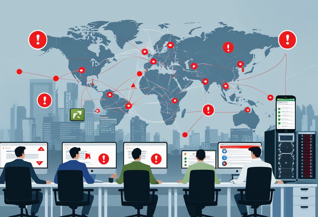 An office scene showing business people working with computers and digital alerts indicating cybersecurity risks.