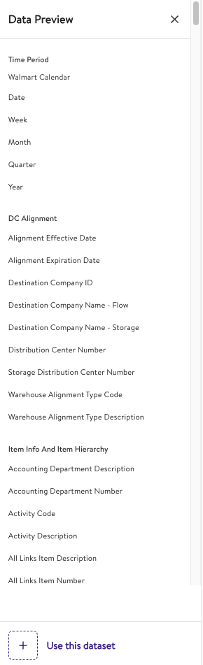 Screenshot of the Walmart Luminate interface showing the "Data Preview" panel. The panel lists various time period options, including Walmart Calendar, Date, Week, Month, Quarter, and Year. Below, the "DC Alignment" section includes fields such as Alignment Effective Date, Alignment Expiration Date, Destination Company ID, Destination Company Name (Flow and Storage), Distribution Center Number, Storage Distribution Center Number, Warehouse Alignment Type Code, and Warehouse Alignment Type Description.