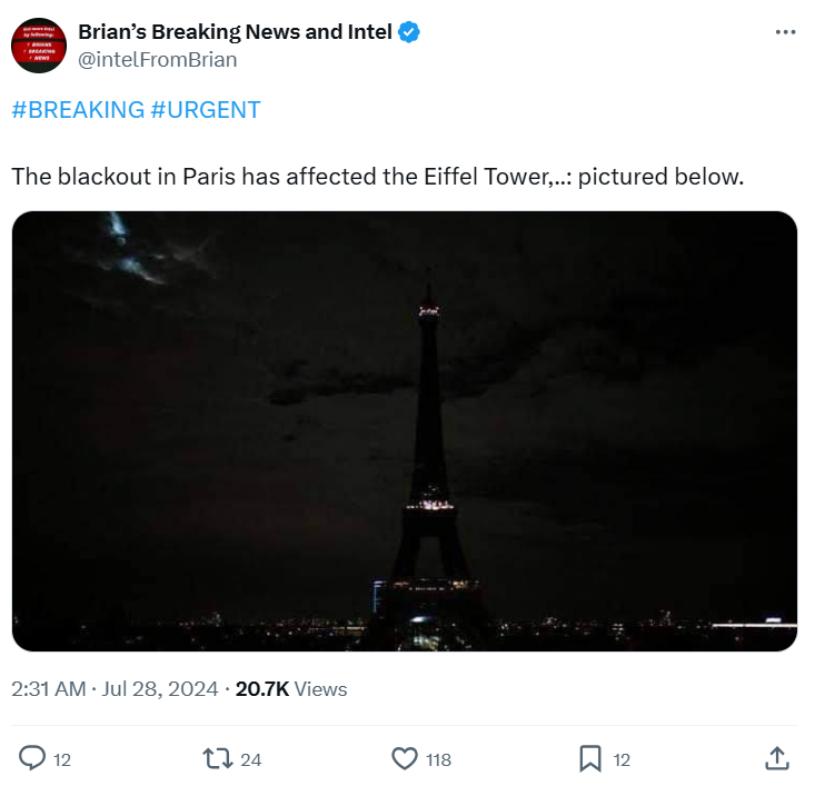 the Eiffel Tower shrouded in total darkness due to a significant power outage that has hit Paris.