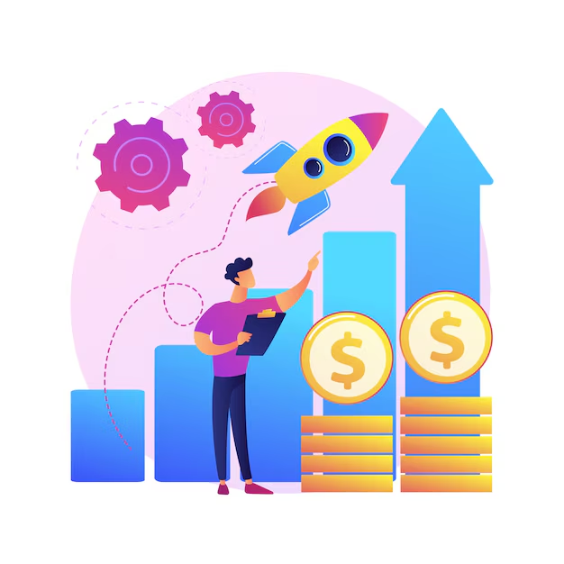 Graphic of a guy, a rocket and stacks of coins indicating product marketing success