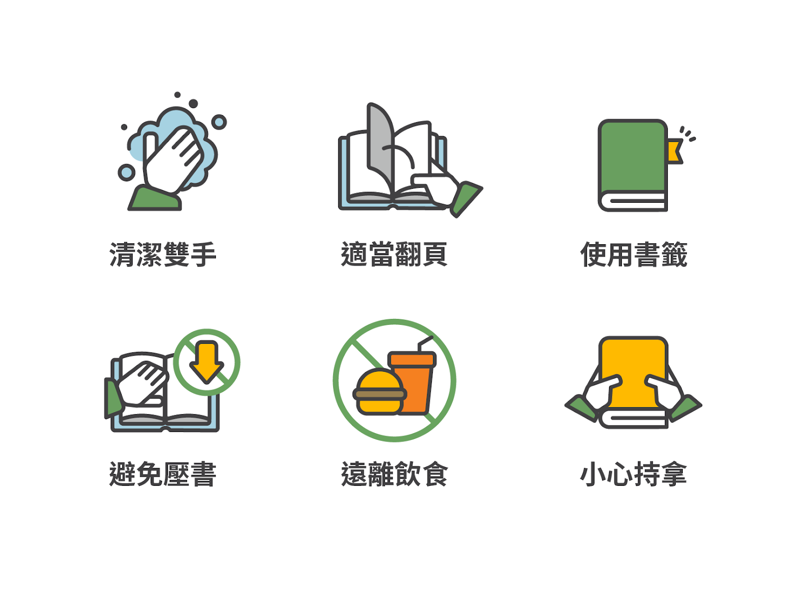 清潔雙手、適當翻頁、使用書籤、避免壓書、遠離飲食、小心持拿