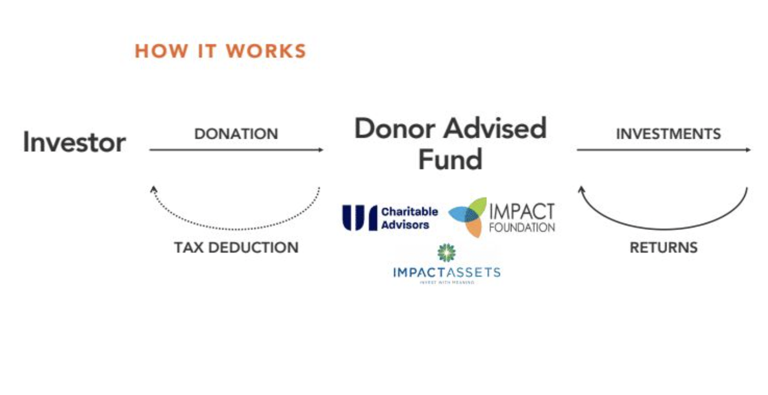 Graphic of Renew Capital's model for impact investing in Africa through a Donor-Advised Fund (DAF), illustrating how investors can fund impactful ventures across the continent.
