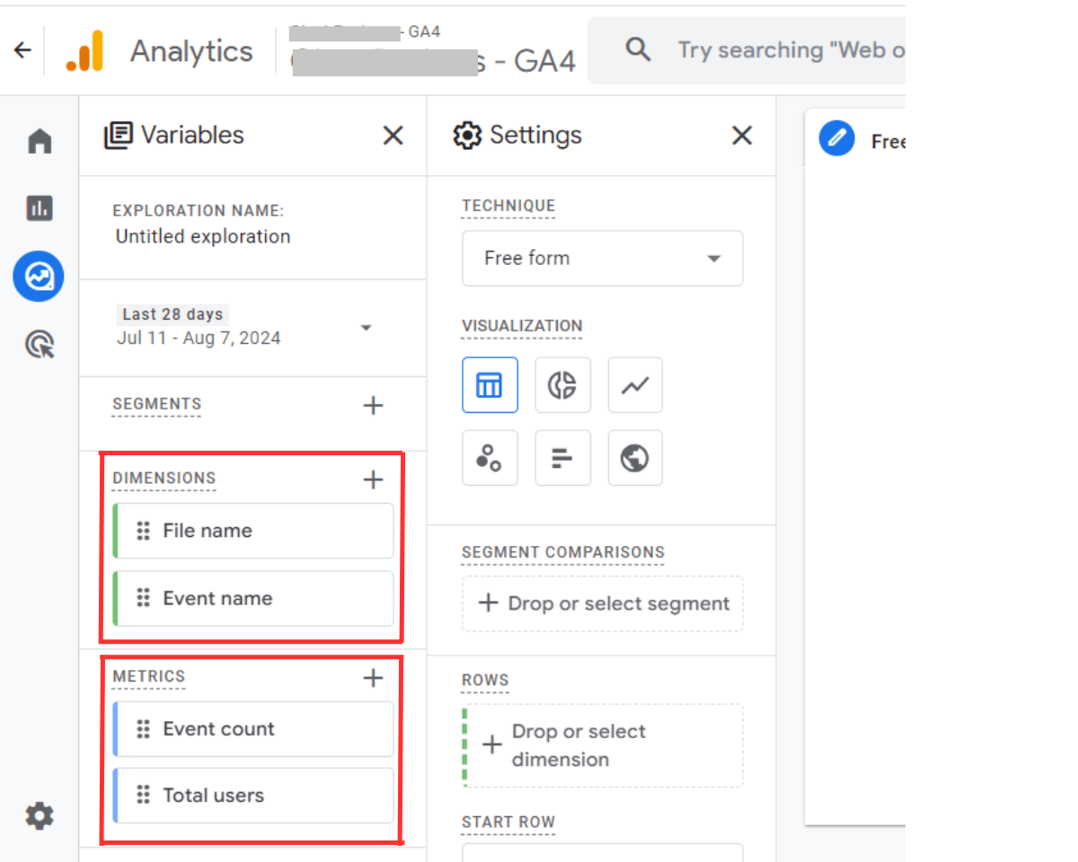 How to view exploration reports in GA4: After starting a blank exploration page, configure your exploration by adding dimensions and metrics