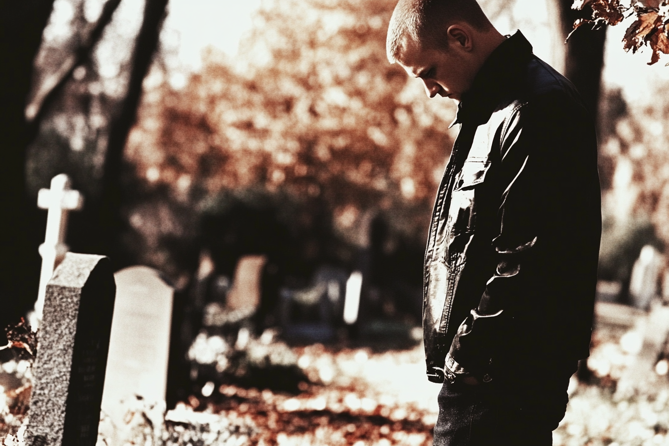 A man staring down at a gravestone in a cemetery | Source: Midjourney