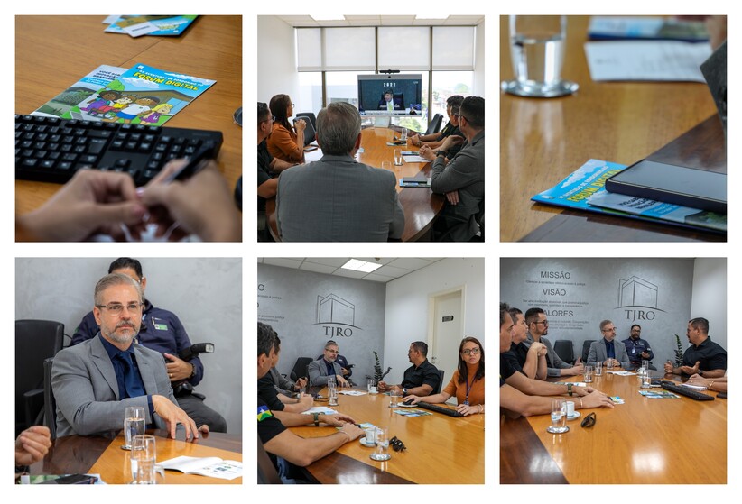 Seis fotos coloridas mostram pessoas sentadas em mesa durante reunião e encarte azul do Fórum Digital 