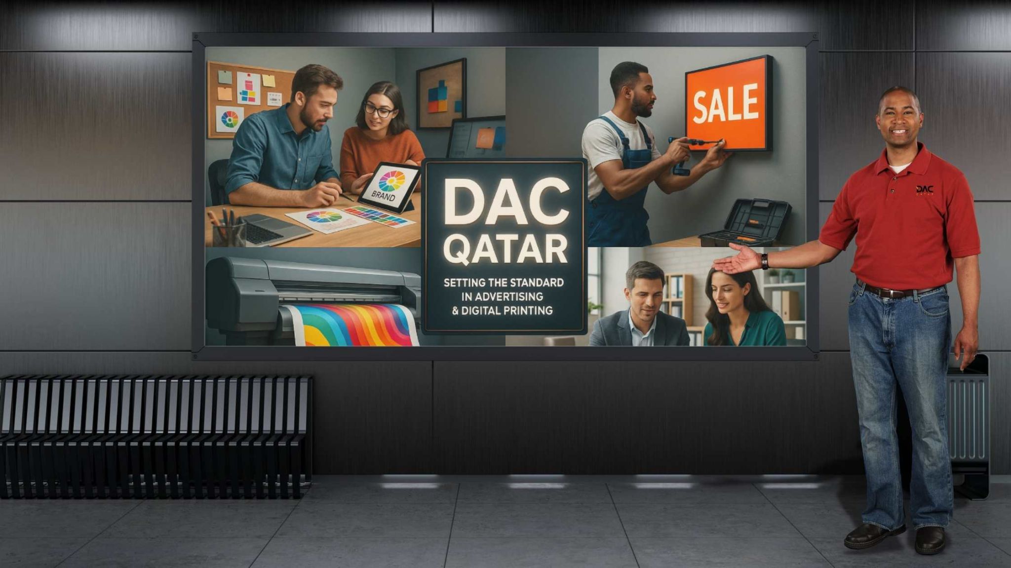 Advertising professional showcasing DAC Qatar's innovative services on an Outdoor Digital Display Qatar, with visuals highlighting brand strategy, signage installation, and digital printing excellence.