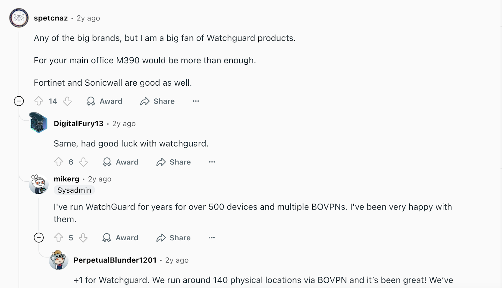 Review via Reddit. It says, “Any of the big brands, but I am a big fan of WatchGuard products. For your main office, the Watchguard M390 would be more than enough.”